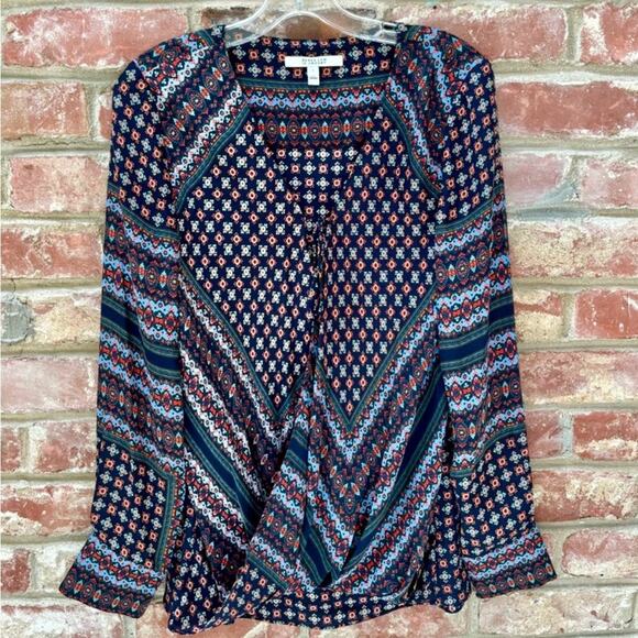 Derek Lam 10 Crosby Navy Geometric Print Draped Front Blouse 100% Silk Sz 8 - Picture 9 of 9